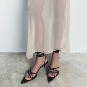 Zara Black Pointed Toe Strappy Ankle Tie Sandals